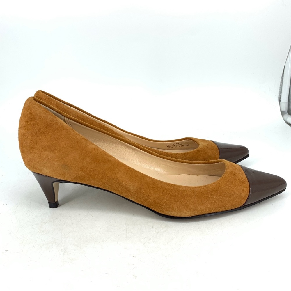 Cole Haan Women 7 Heels Slip On Shoes Brown Suede Patent Leather Pointed Toe